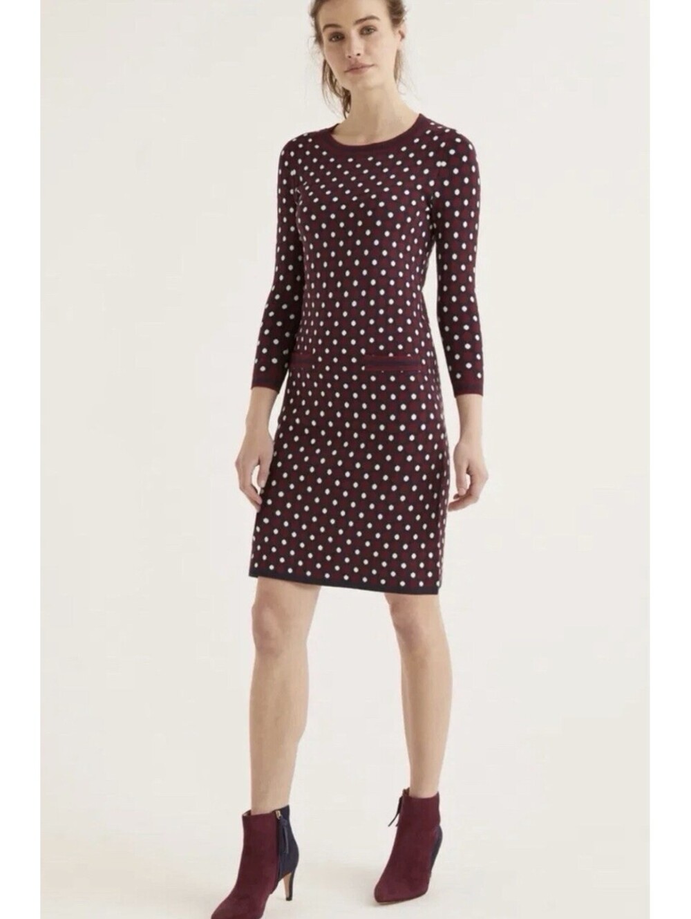 Boden Holly Polka Dot Sweater Dress Bodycon Knit Burgundy Preppy Stretchy Size 4
